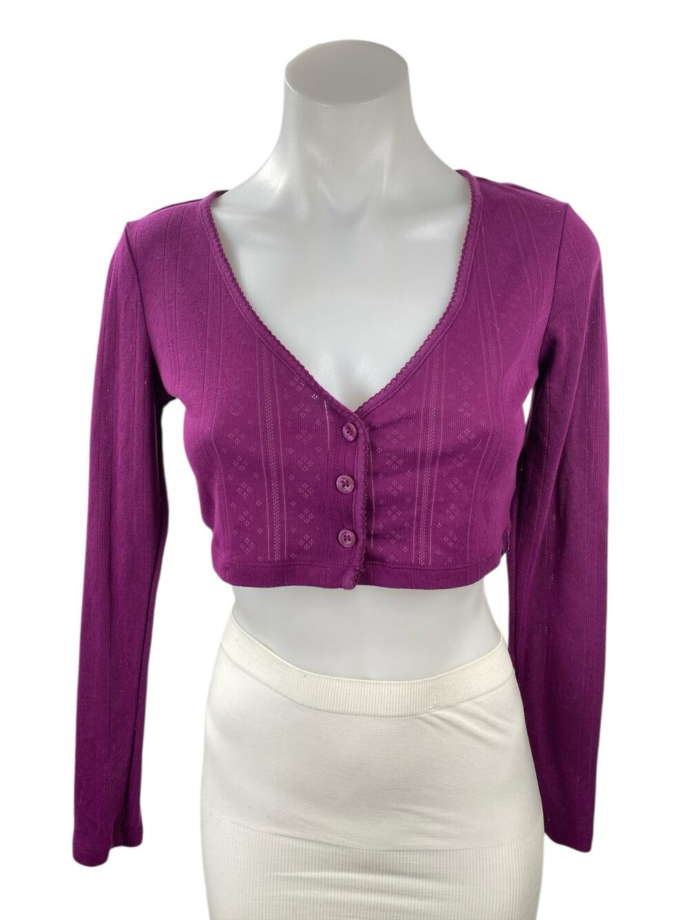 Savage Women's Purple Eyelet Knit Long Sleeve V Neck Button Up Crop Top Size S